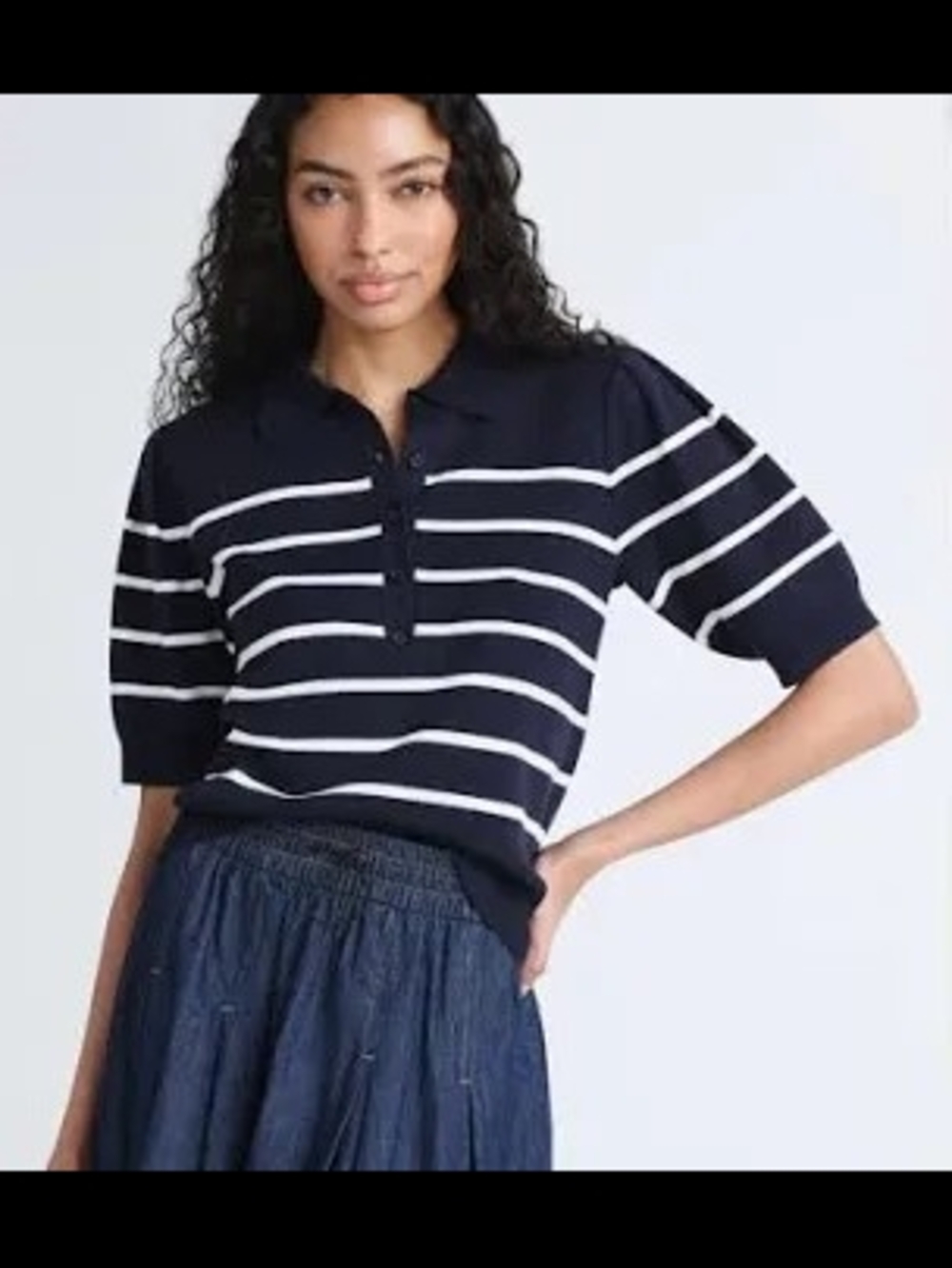 Striped Navy Polo Knit Top - Navy & White